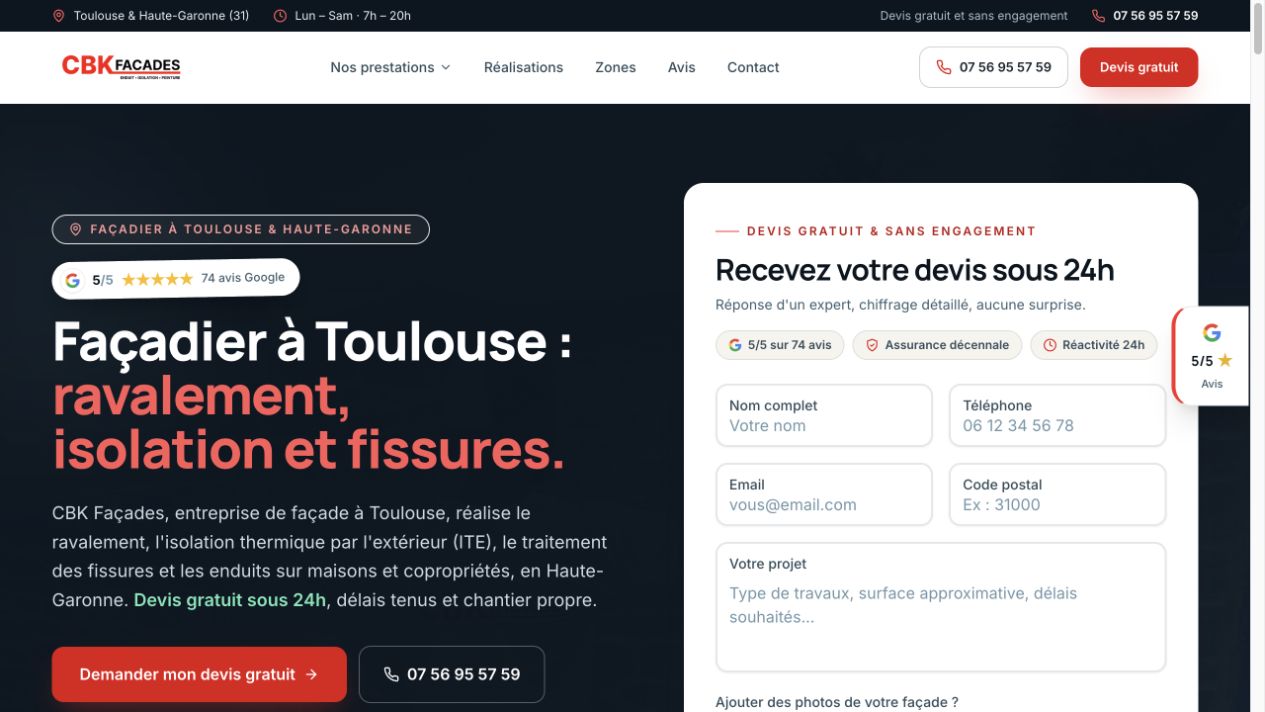 Capture du site de CBK Façades